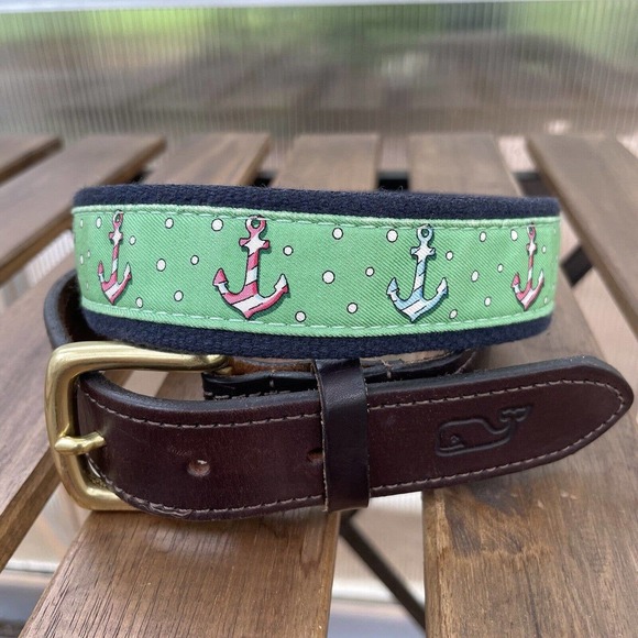 Vineyard Vines Other - Vineyard Vines Size 32 Belt Green Anchor Polka Dot Tan Brass Buckle Woven Mens